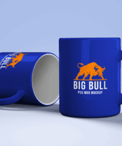 Blue mugs with a bull logo and 'BIG BULL' text.
