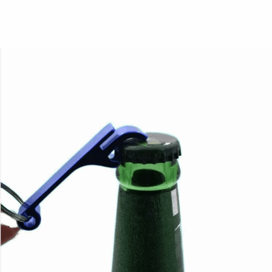A blue bottle opener removing a cap from a green bottle.
