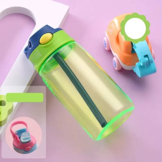 Colorful kids' water bottle with a straw and toy car on a pink surface.
