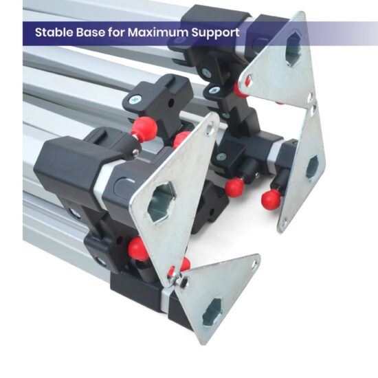 Adjustable aluminum clamps with red knobs for stable support.