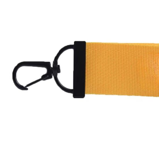 Yellow strap with black plastic clip and ring attachment.