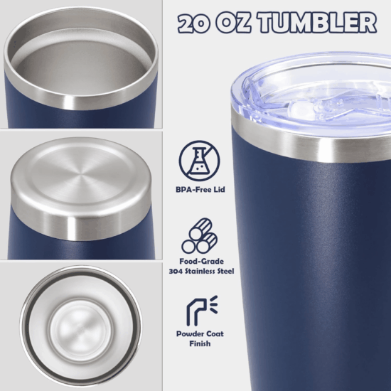 20 oz blue tumbler with BPA-free lid and stainless steel body.