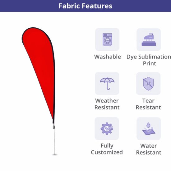 Fabric features include washable, dye sublimation print, weather and water resistant, tear resistant, and fully customizable.