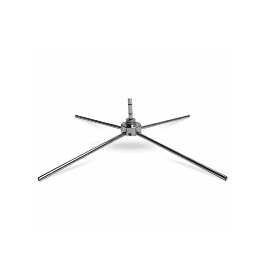 A metallic tripod base with four extendable legs for stability.