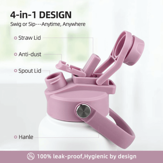 Pink 4-in-1 bottle lid with straw, spout, anti-dust cover, and handle for leak-proof use.