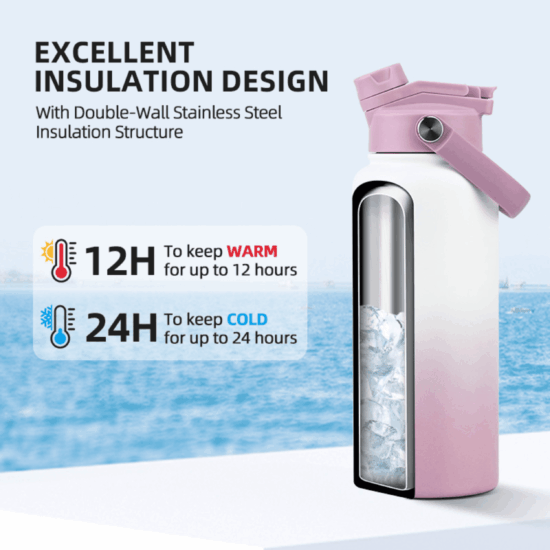 Pink insulated bottle with double-wall stainless steel keeps drinks hot or cold.