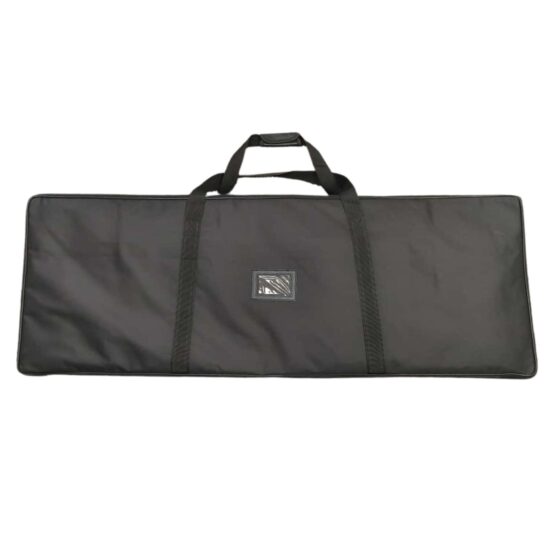 Black padded carrying case with handles, rectangular shape.