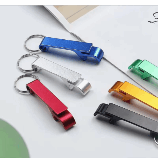 Colorful metal keychain bottle openers in various colors.