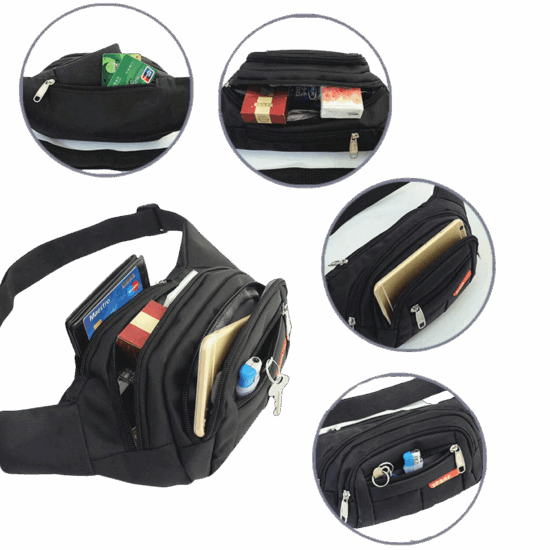 Black waist bag with multiple compartments holding essentials like cards, wallet, and small items.