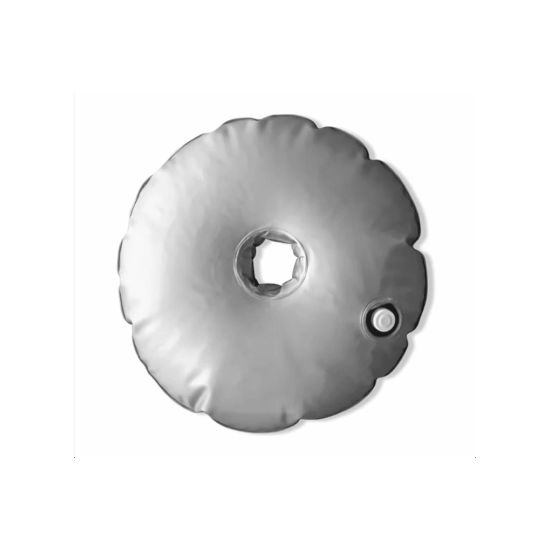 Gray inflatable donut-shaped cushion with a central hole and valve.