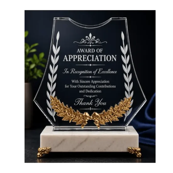 Crystal Award Trophy with Marble Base and Custom Engraving