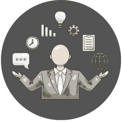 Faceless businessperson juggling global management and innovation icons