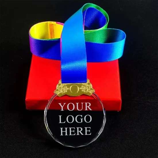 Customizable crystal medal with rainbow ribbon