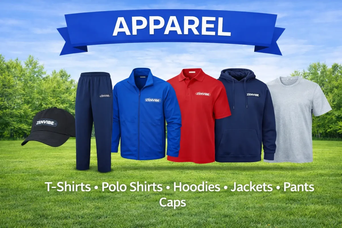 Caps, polo shirts, hoodies, jackets displayed