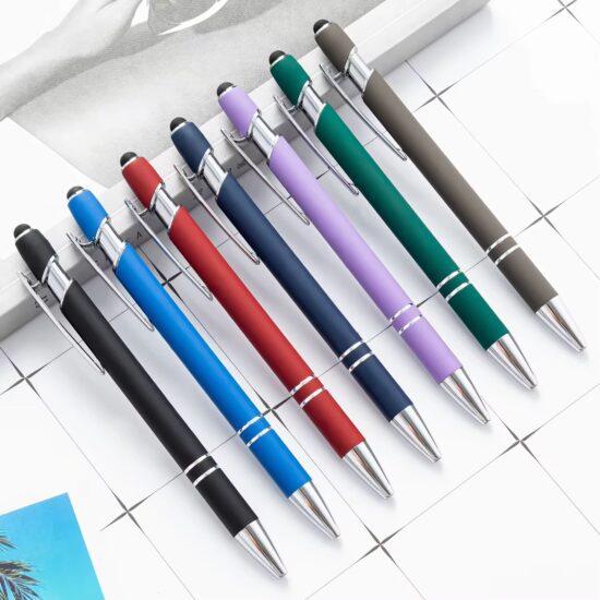 Soft touch pen with silver trim and stylus custom logo Canada
