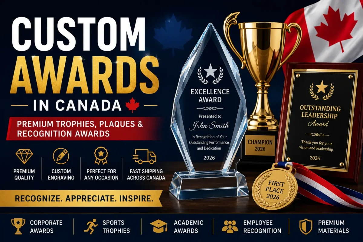 Custom Awards in Canada featuring premium trophies, crystal awards, plaques, medals, and corporate recognition awards