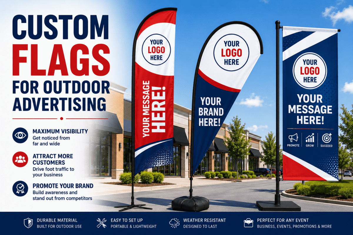 Custom Flags for Outdoor Advertising in Canada with Feather Flags, Teardrop Flags and Rectangle Flags for business advertising, trade shows, and outdoor events.