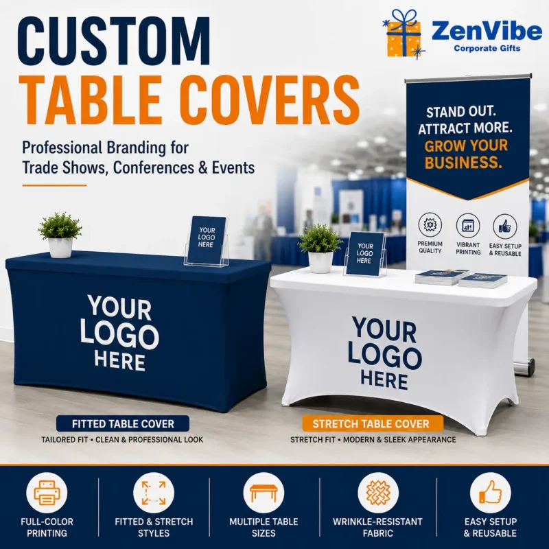 Custom table covers for trade shows and events with professional branded display