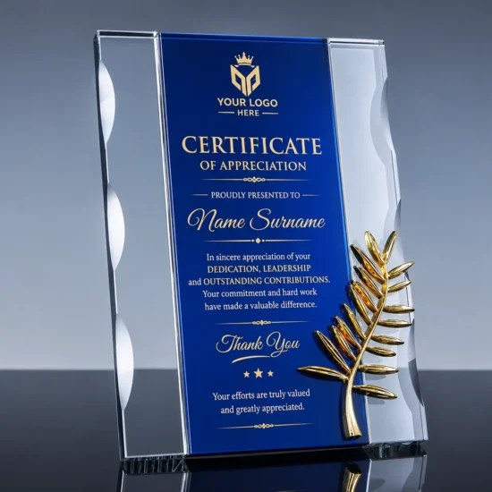 Custom Design Crystal Glass Award Plaque