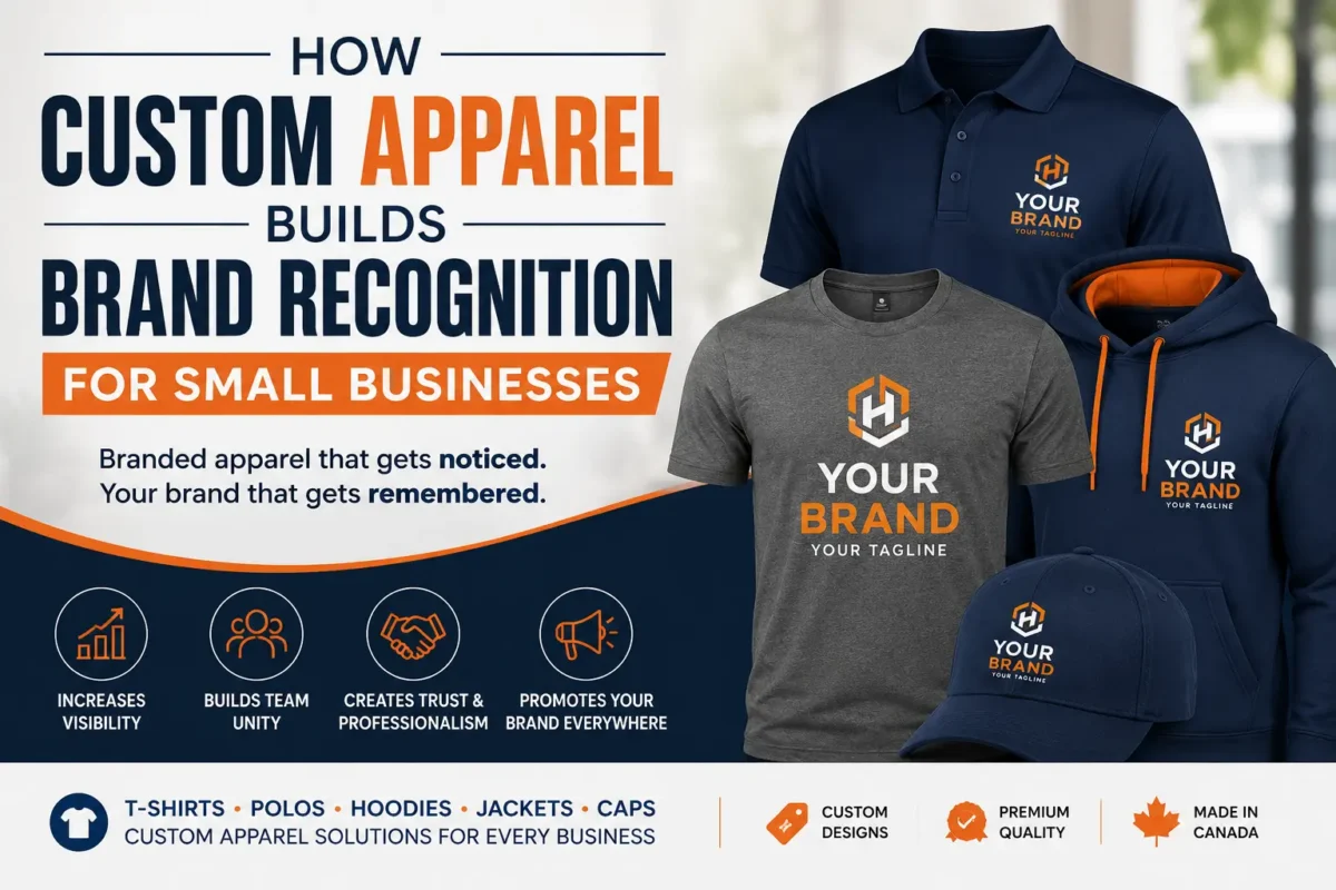Custom Apparel for Small Businesses with branded T-shirts, polo shirts, hoodies, jackets, and caps to build brand recognition