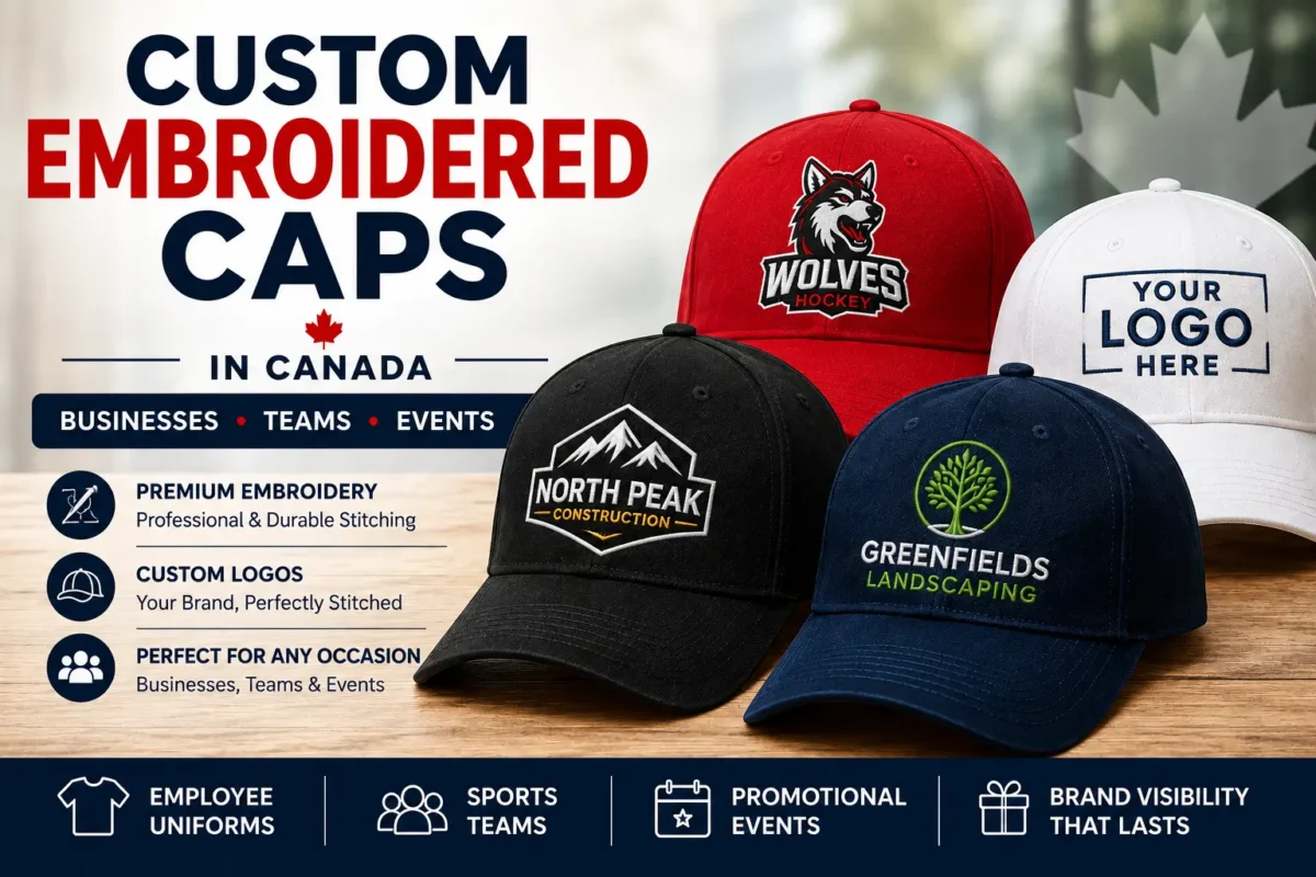 Custom embroidered caps in Canada with logo for businesses, sports teams and events