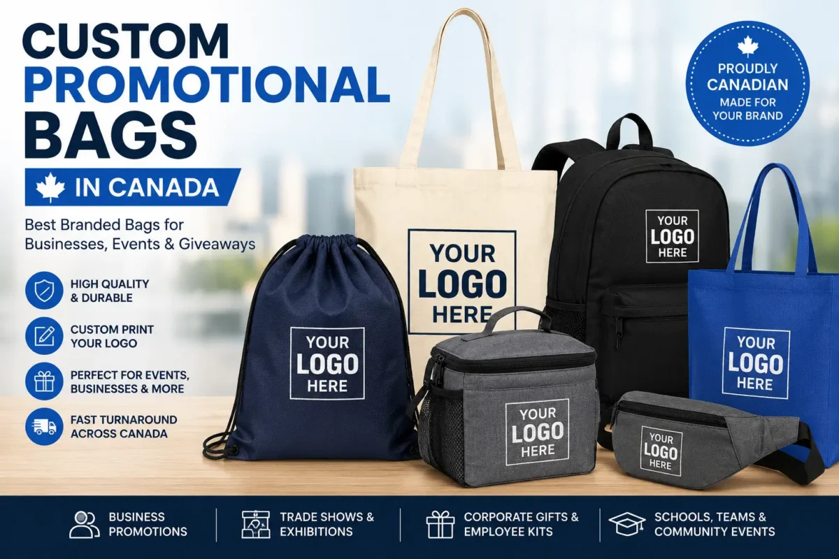 Custom promotional bags in Canada including branded tote bags, drawstring bags, backpacks, lunch bags and waist bags for businesses and events.