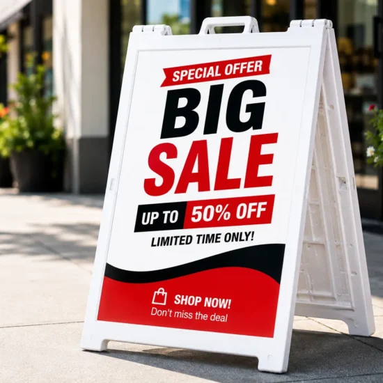 Custom White Sandwich Board with full-colour printed promotional graphics for storefront advertising, retail promotions, restaurants, and outdoor business signage in Canada.