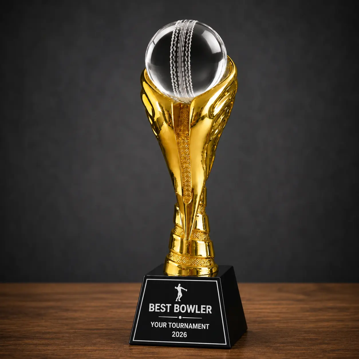Gold Resin Cricket Trophy with crystal ball and personalized Best Bowler award on black base.