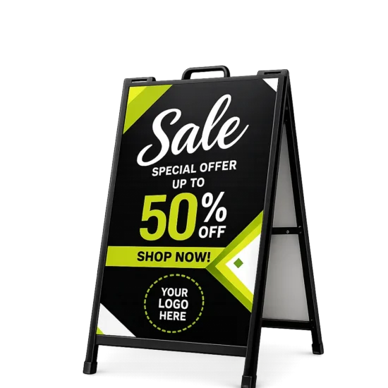 Custom Metal A-Frame Sign with full-colour UV-printed graphics for storefronts, restaurants, retail shops, and outdoor business advertising in Canada.