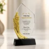Personalized Crystal Wheat Trophy with custom appreciation engraving, gold wheat design and black base.