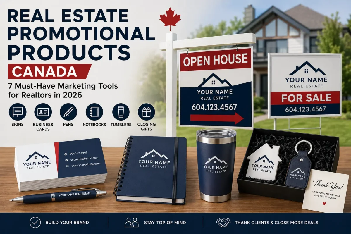 Real Estate Promotional Products Canada featuring open house signs, business cards, yard signs, promotional pens, notebooks, tumblers, and closing gifts for Realtors.