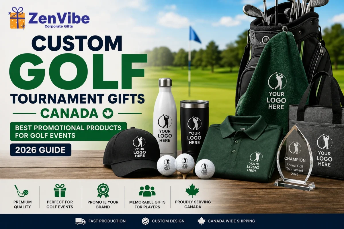 Custom Golf Tournament Gifts Canada with logo golf balls, personalized golf towels, apparel and promotional products