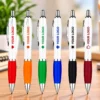 Custom Logo Colour Grip Ballpoint Pens in red, orange, green, blue, black and burgundy with personalized logo printing.
