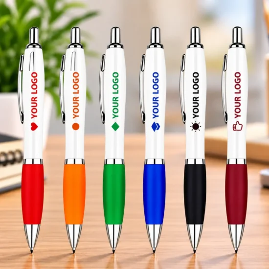 Custom Logo Colour Grip Ballpoint Pens in red, orange, green, blue, black and burgundy with personalized logo printing.