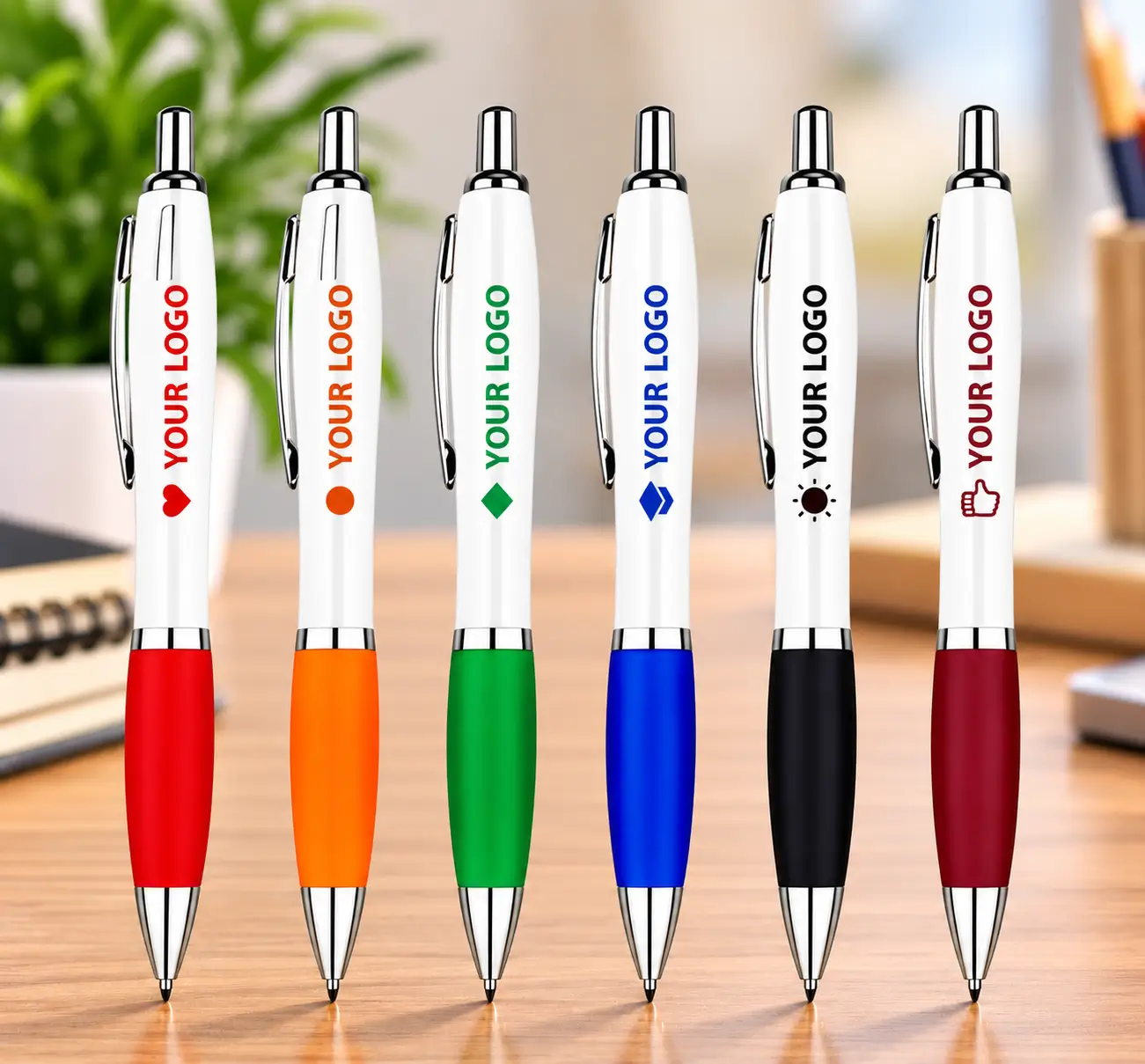 Custom Logo Colour Grip Ballpoint Pens in red, orange, green, blue, black and burgundy with personalized logo printing.