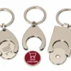 Custom logo metal shopping cart token keychains with personalized round tokens, silver finish and removable shopping cart coins in Canada.
