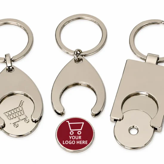 Custom logo metal shopping cart token keychains with personalized round tokens, silver finish and removable shopping cart coins in Canada.