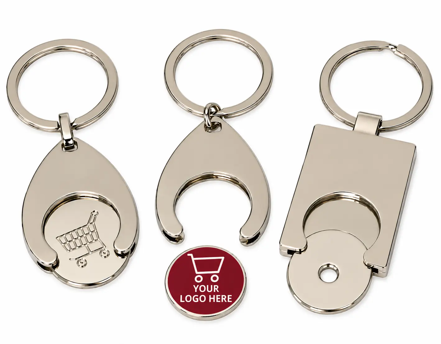 Custom logo metal shopping cart token keychains with personalized round tokens, silver finish and removable shopping cart coins in Canada.