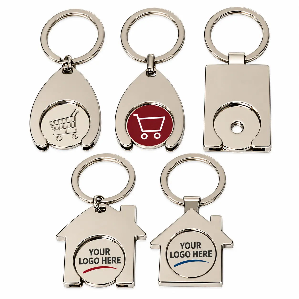 Custom logo metal shopping cart token keychains with personalized round tokens, silver finish and removable shopping cart coins in Canada.