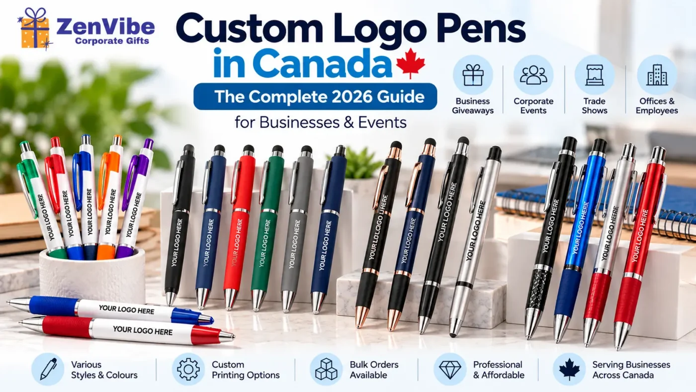 Custom logo pens in Canada featuring colourful ballpoint, metal and stylus pens for business giveaways and corporate events by ZenVibe.